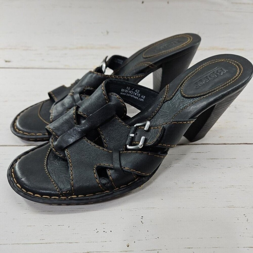 Born Lucia Womens Size 10 Black‎ Soft Leather Chunky Heel Open Toe Sandal W31415